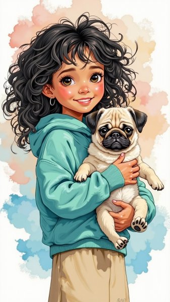 Девочка с щенком в нежных тонах. Нейронная сеть Flux Ai