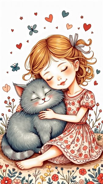 Девушка и котик: умиротворяющий момент в мире творчества. Изображение из нейронной сети Flux Ai