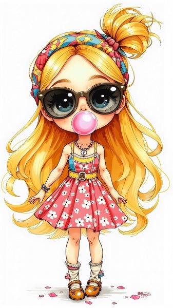 Милая кукла в солнечных очках и яркой повязке с пузырем жвачки на белом фоне. Генерация из нейронной сети Flux