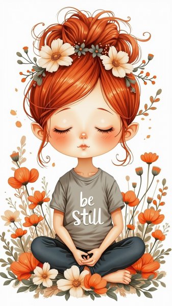 Спокойная кукла в цветах: медитация и умиротворение. Изображение из нейросети Flux Ai