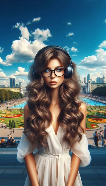 Городская мода: девушка в парке под летним небом с музыкой в наушниках. Нейросеть Dalle 3