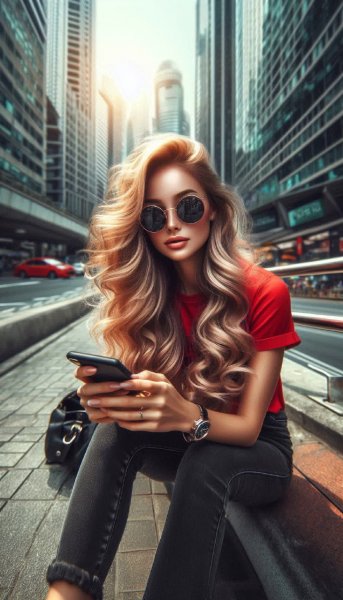 Молодая женщина: городской стиль и взгляд сквозь телефон. Изображение из нейросети Далли 3