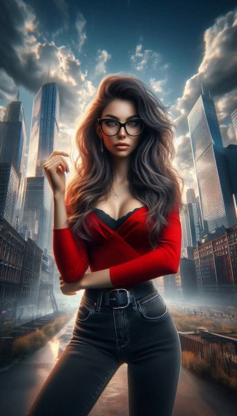 Городская задумчивость: стильный портрет в красном топе и черных джинсах. Картинка из нейросети Dalle
