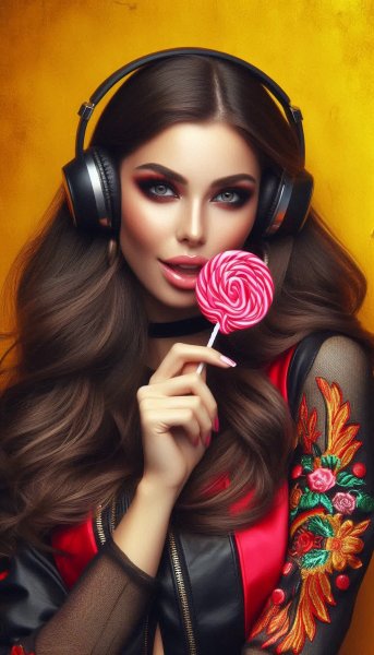Яркая девушка: музыка, стиль и дерзкий взгляд в объектив камеры. Картинка из нейросети Dalle