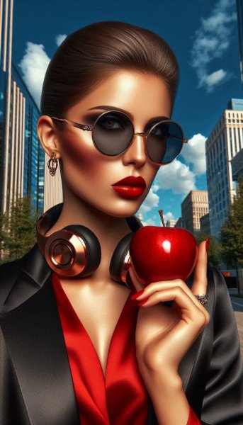 Стильная женщина с яблоком на фоне современного города. Генерация из нейронной сети Dalle-3