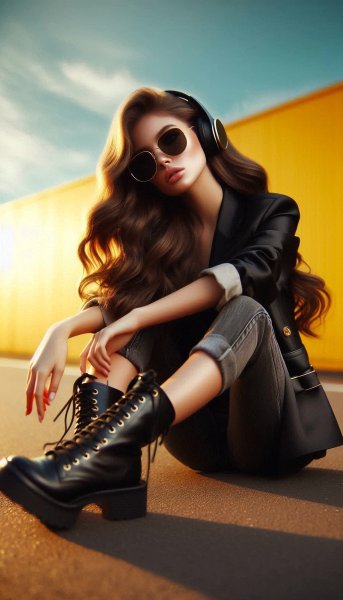 Молодая женщина в кожаной куртке и солнцезащитных очках - городской стиль. Нейронная сеть Dalle-3