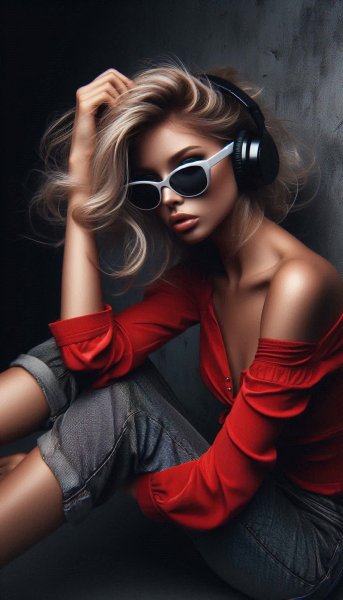 Молодая женщина в наушниках: задумчивый взгляд и яркий стиль. Нейронная сеть Dalle-3