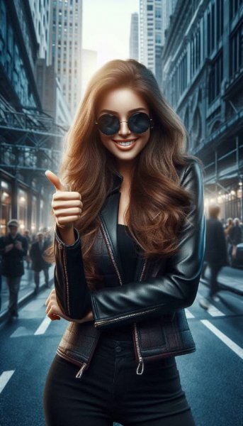 Молодая женщина в кожаной куртке: городской стиль и позитив. Картинка из нейросети Dalle