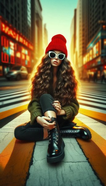 Задумчивая девушка на пешеходном переходе в ярком городском пейзаже. Нейронная сеть Dalle 3