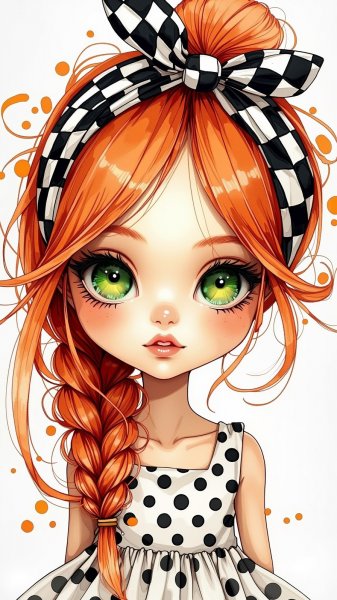 Кукла с рыжими волосами и зелеными глазами в горошек. Нейронная сеть Flux 1