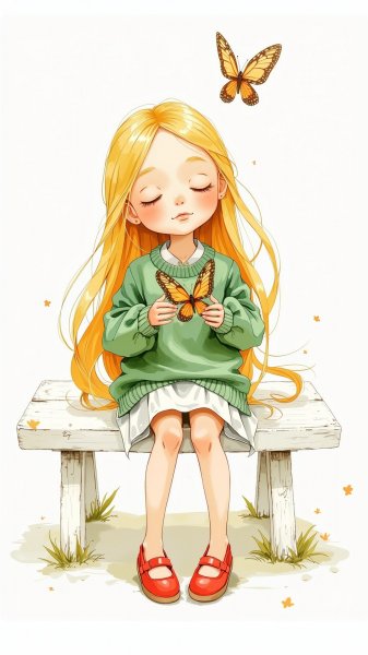 Блондинка с бабочкой: мирная сцена в белом парке. Нейронная сеть Flux.1