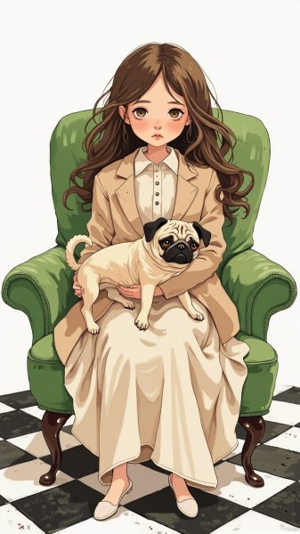 Очаровательная кукла с пёсиком в уютном интерьере. Картинка из нейросети Flux 1