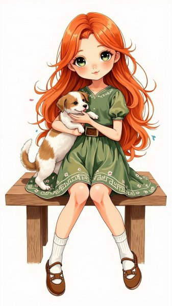 Кукла с щенком на скамейке. Изображение из нейронной сети Flux