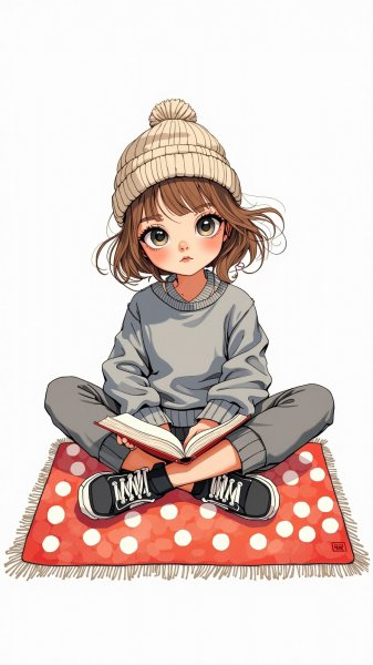Девочка с книгой на ярком коврике в стиле зентангл. Картинка из нейросети Flux 1