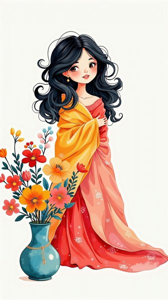 Кукла в уютном пледе и яркие цветы на белом фоне. Изображение из нейронной сети Flux Ai