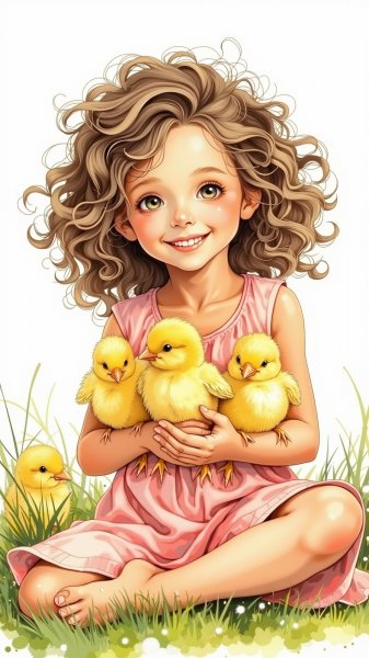 Милая девочка с цыплятами на лугу. Изображение из нейронной сети Flux Ai