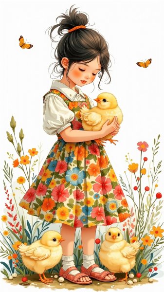 Девушка с цыплятами в солнечном саду: фольклорный сюжет. Картинка из нейронной сети Flux