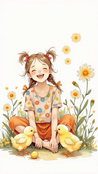 Веселая девочка и цыплята: яркое детство в окружении цветов. Нейросеть Flux