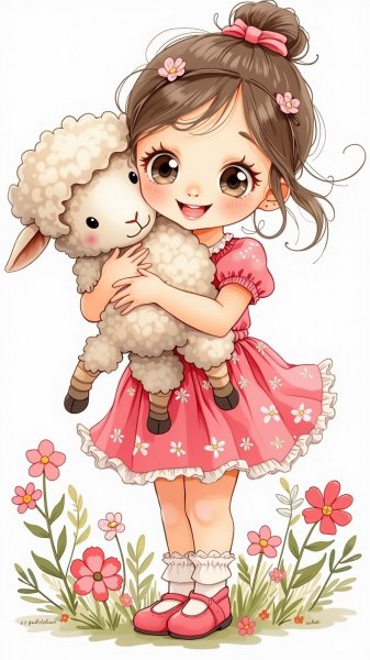 Милая девочка с овечкой и цветами. Нейросеть Flux