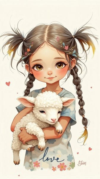 Нежная девочка и овечка – символ любви и безмятежности в детском рисунке. Генерация из нейронной сети Flux.1