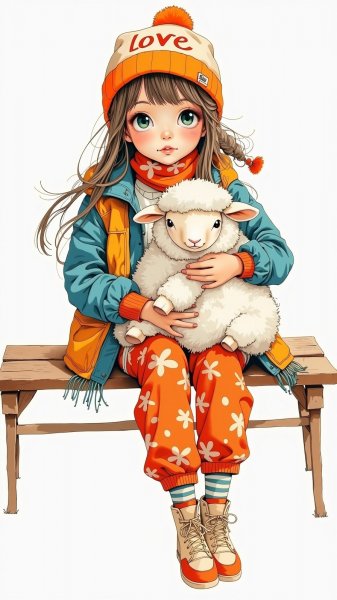Девчушка с овечкой: наивное искусство и яркие краски. Нейронная сеть Flux
