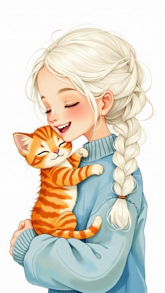 Девочка с белыми косичками и рыжий котёнок — милый момент радости. Нейросеть Flux.1