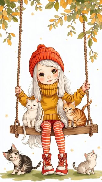Девочка на качелях и игривые котята в белоснежном окружении. Картинка из нейросети Flux Ai