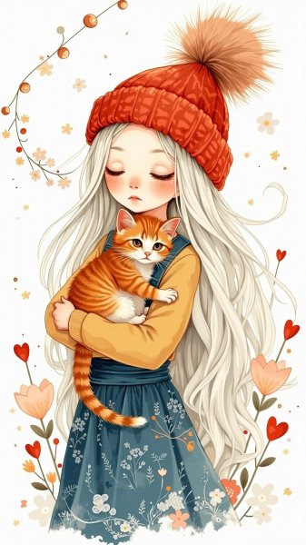 Девушка с котенком в народном стиле. Изображение из нейросети Flux 1