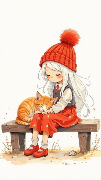 Девушка с котенком на скамейке в зимнем пейзаже. Изображение из нейросети Flux.1