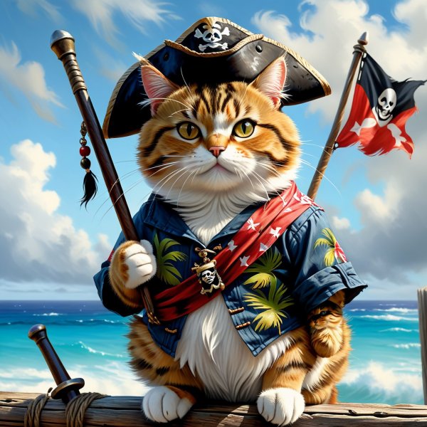 Котопират с потрепанным флагом: Тёмная фантазия в стиле масляной живописи. Генерация из нейронной сети Stable Diffusion