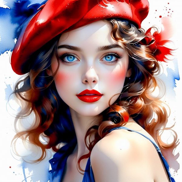 Девушка в алом берете: нежность, красота и акварельный ветер. Картинка из нейронной сети Stable Diffusion