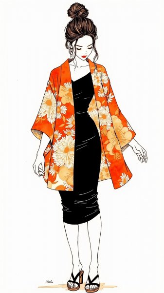 Молодая женщина в кимоно: наивный рисунок и нежная атмосфера. Нейросеть Flux.1