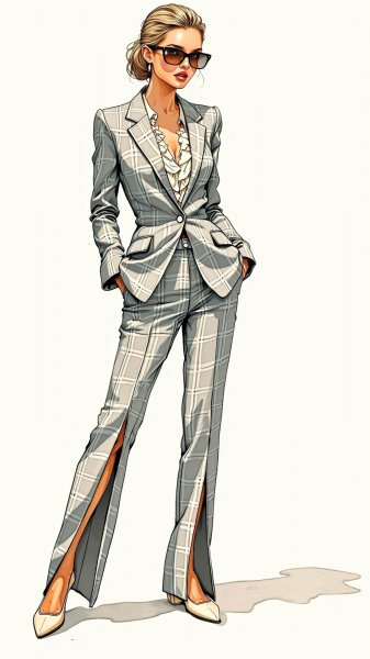 Молодая женщина в элегантном костюме и солнцезащитных очках: наивный взгляд на моду. Генерация из нейронной сети Flux