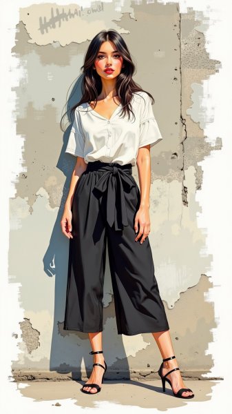 Молодая женщина и стильный образ на фоне белой стены. Изображение из нейронной сети Flux Ai