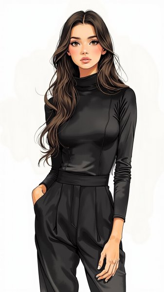 Молодая женщина в студии: элегантный силуэт и прямой взгляд. Картинка из нейросети Flux 1