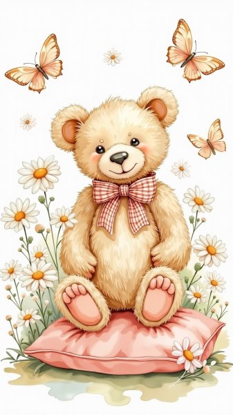 Милый плюшевый мишка в акварели: нежность и цветочный рай. Изображение из нейронной сети Flux Ai