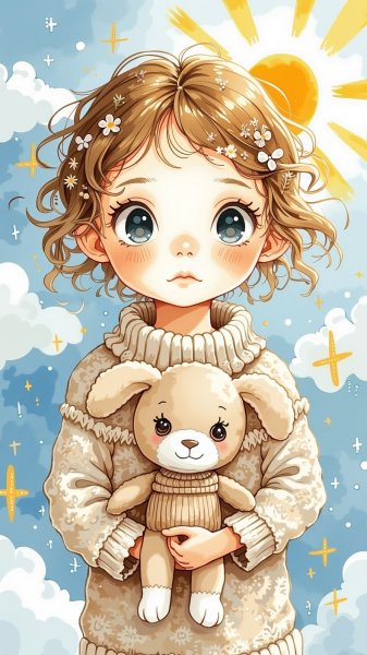 Милая девочка с игрушкой в солнечном пейзаже. Картинка из нейронной сети Flux 1