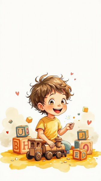 Мальчишка с деревянной железной дорогой и радостью детства. Изображение из нейросети Flux