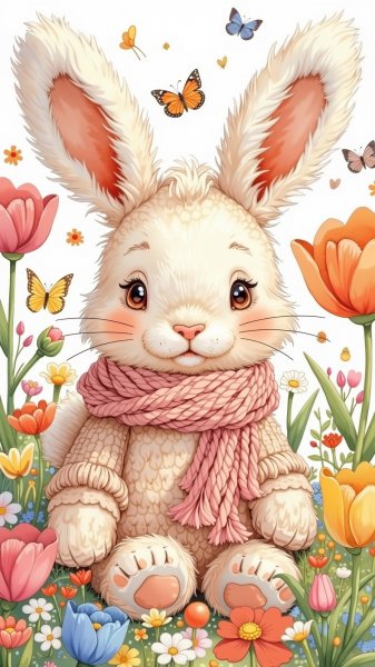 Забавный кролик амигуруми в акварельном мире нежных цветов и ярких тюльпанов. Генерация из нейросети Flux.1