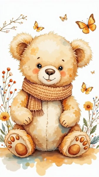 Милый плюшевый мишка в уютном мире акварели и цветов. Генерация из нейросети Flux Ai