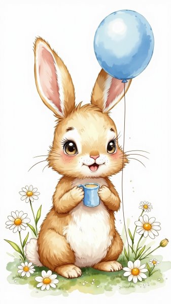 Забавный кролик с воздушным шариком в акварельной иллюстрации. Картинка из нейросети Flux Ai