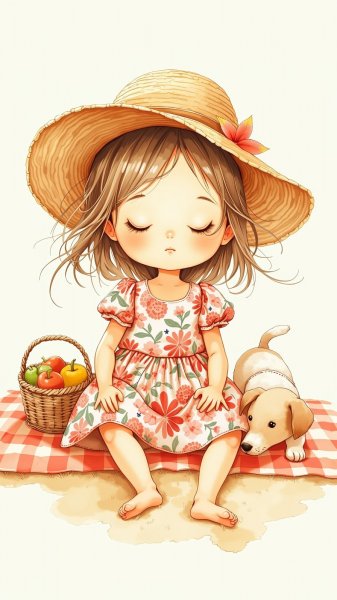 Акварельная кукла на пикнике: очарование нежности и летнего настроения. Картинка из нейронной сети Flux Ai