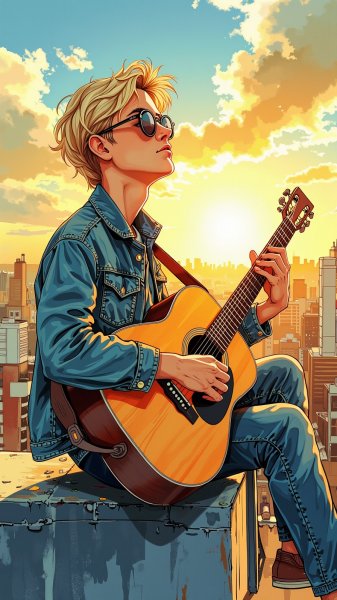 Задумчивый музыкант на крыше встречает закат с гитарой в руках. Генерация из нейросети Flux 1