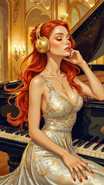 Загадочная красотка в серебряном платье и золотых наушниках. Генерация из нейронной сети Flux Ai