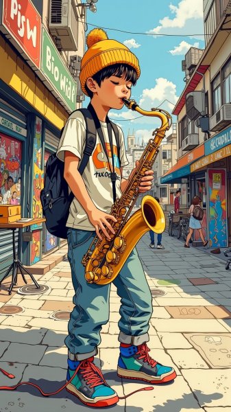 Уличный саксофонист: музыка и энергия большого города. Картинка из нейронной сети Flux.1