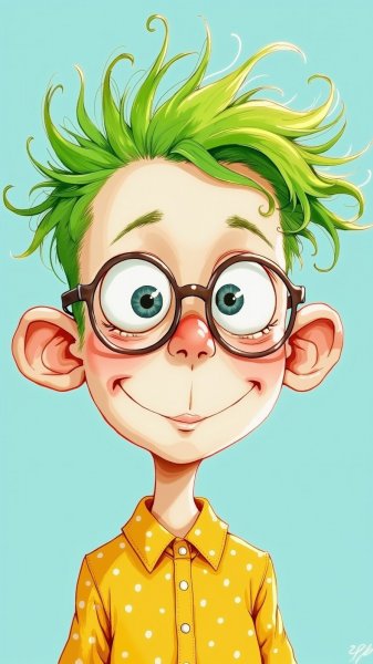 Забавный персонаж с зелёной причёской и большими очками. Нейронная сеть Flux Ai