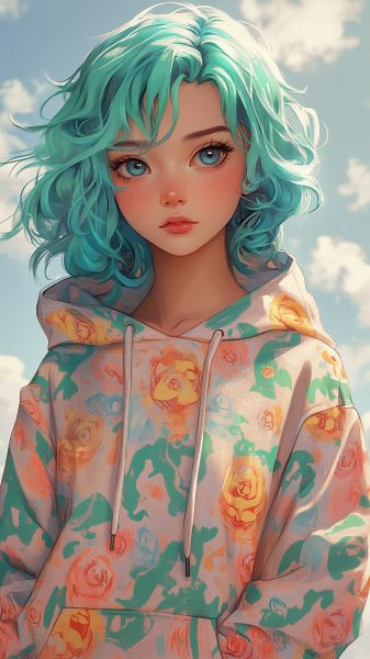 Яркий персонаж в необычном худи на фоне пастели и гротеска. Изображение из нейронной сети Миджорни