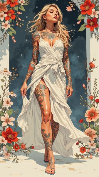 Женщина в белом: эффектный выход с серебряными татуировками. Генерация из нейронной сети Flux Ai