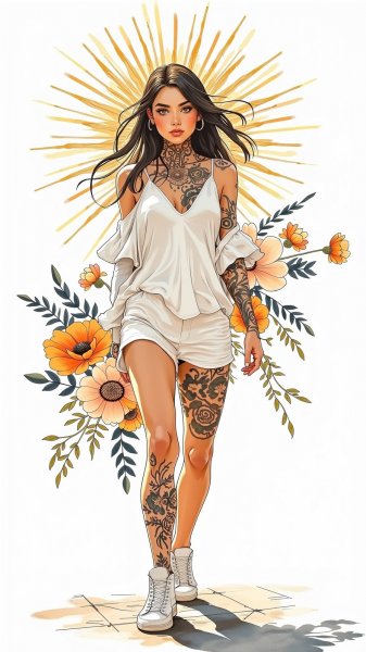 Женщина в белом: элегантность и сияние серебряных татуировок. Изображение из нейронной сети Flux Ai