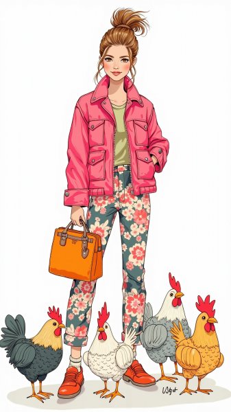 Кукла в ярком образе и вязаные цыплята: милый набросок. Нейросеть Flux 1